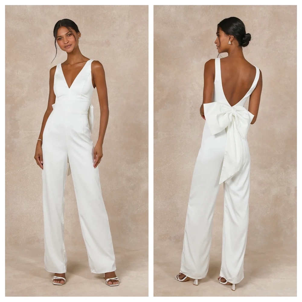 Lulu's White V-Neck Back Bow Jumpsuit